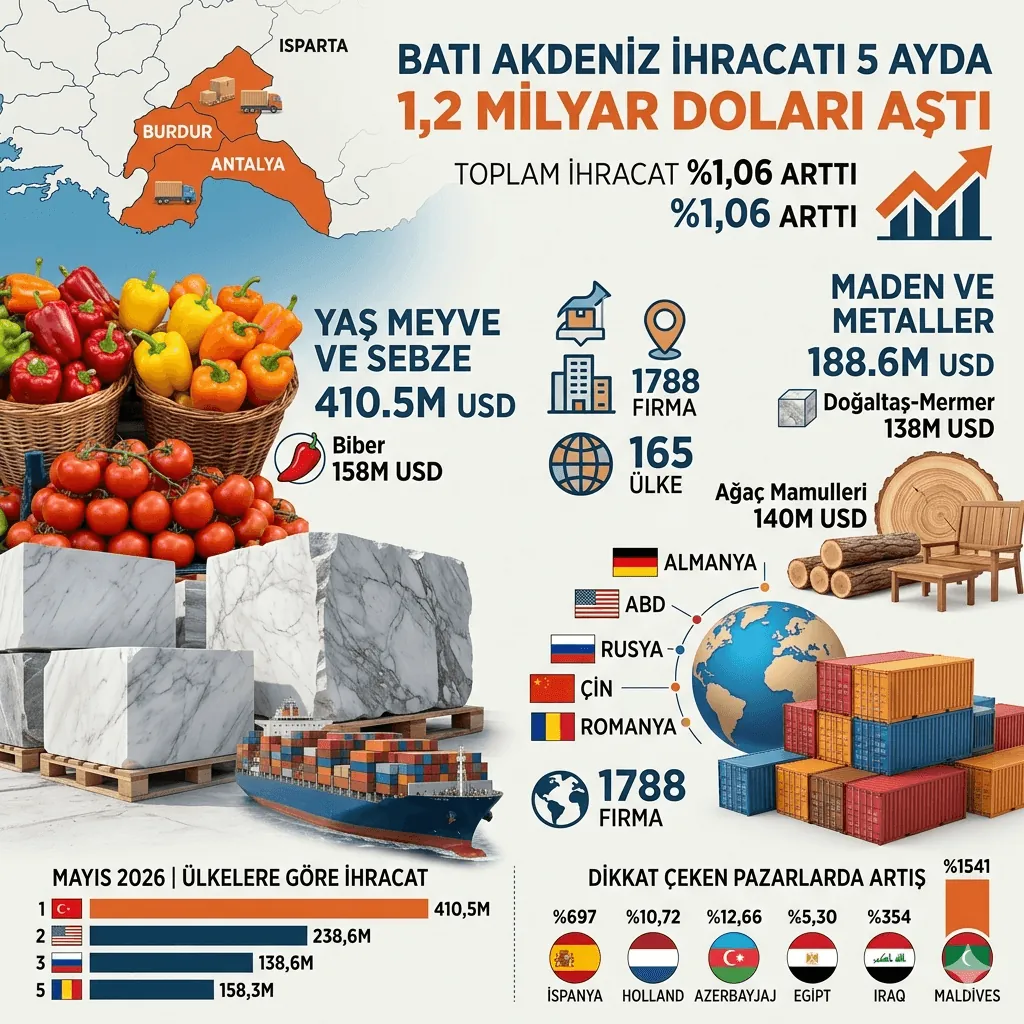 Batı Akdeniz İhracatı 5 Ayda 1,2 Milyar Doları Aştı! Yaş Meyve Sebze Liderliğini Korudu