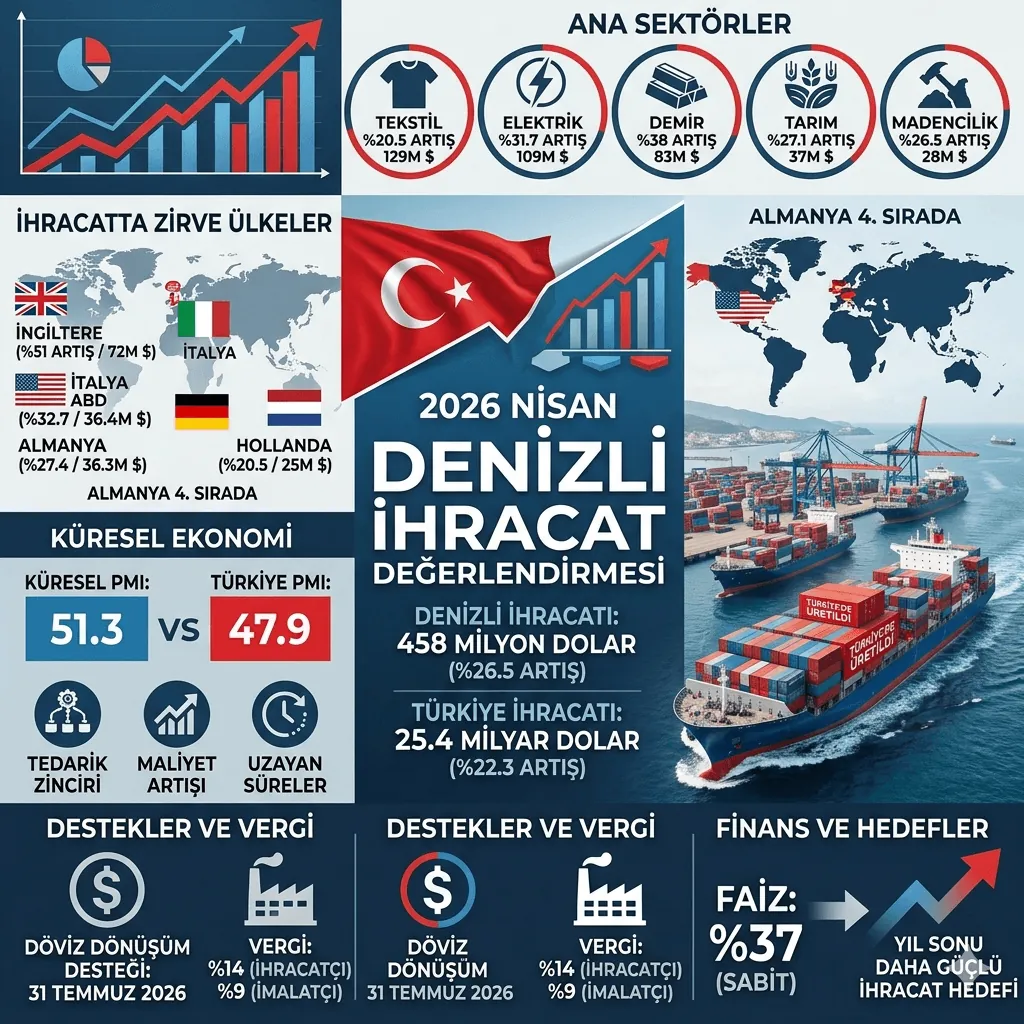Denizli İhracatı Nisan 2026’da %26,5 Arttı: 458 Milyon Dolarla Güçlü Yükseliş Sürüyor