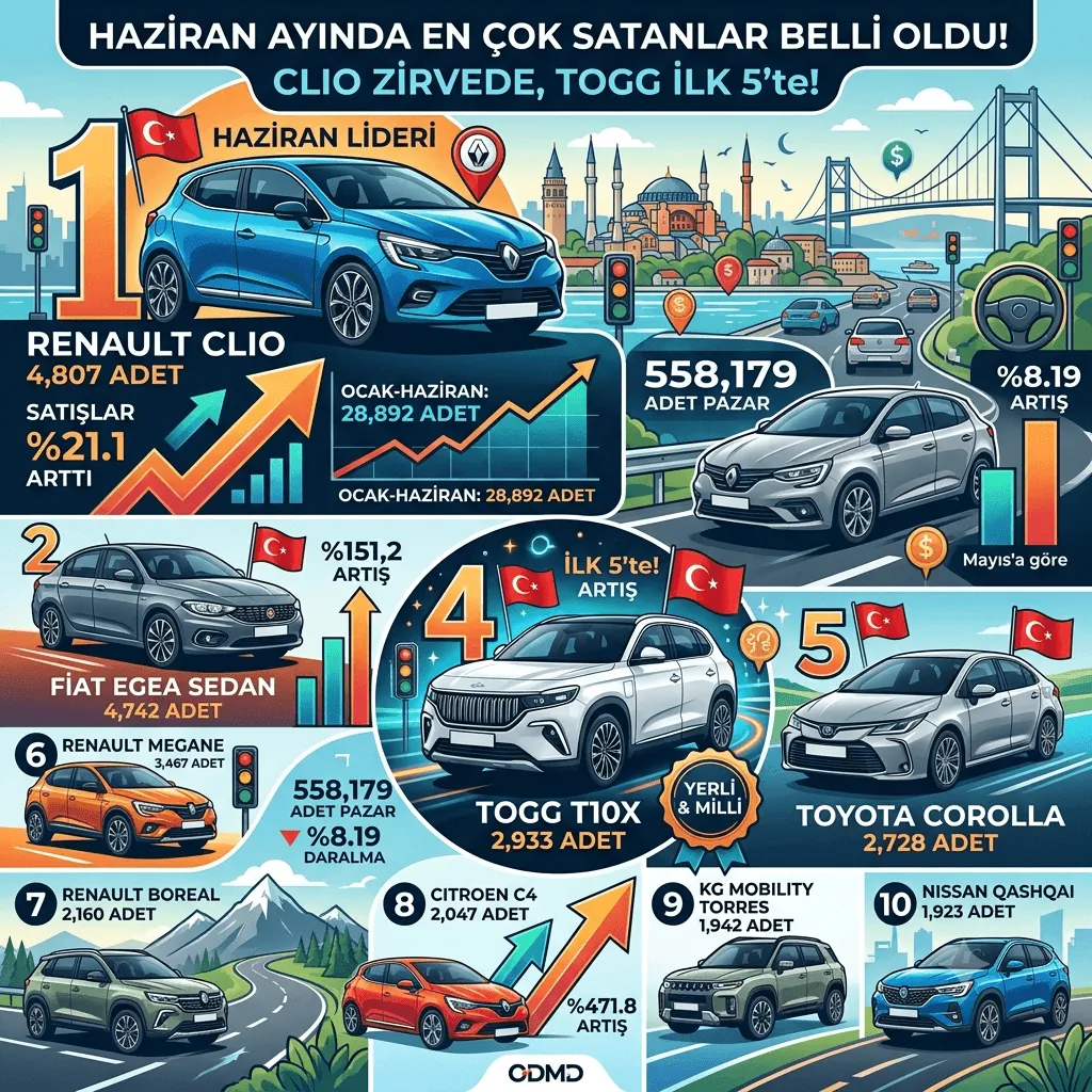 Haziranın En Çok Satılan Otomobilleri Açıklandı: Renault Clio Zirvede, Togg T10X İlk 5'e Girdi