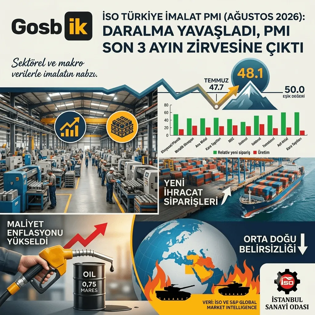 İSO Türkiye İmalat PMI Ağustos 2026 açıklandı: Sanayide daralma yavaşladı, PMI son 3 ayın zirvesine çıktı