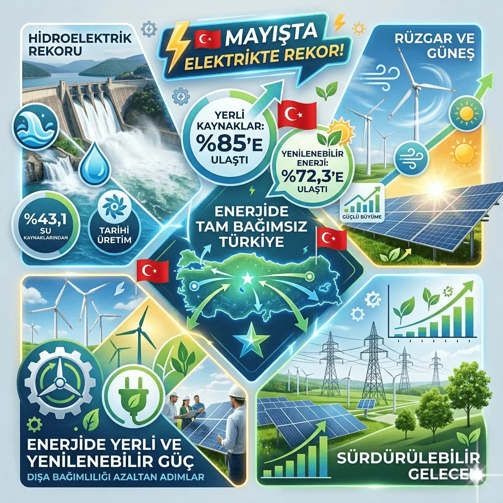 Mayısta Elektrikte Tarihi Rekor: Yerli Enerjinin Payı %85’e, Yenilenebilirin Payı %72,3’e Yükseldi