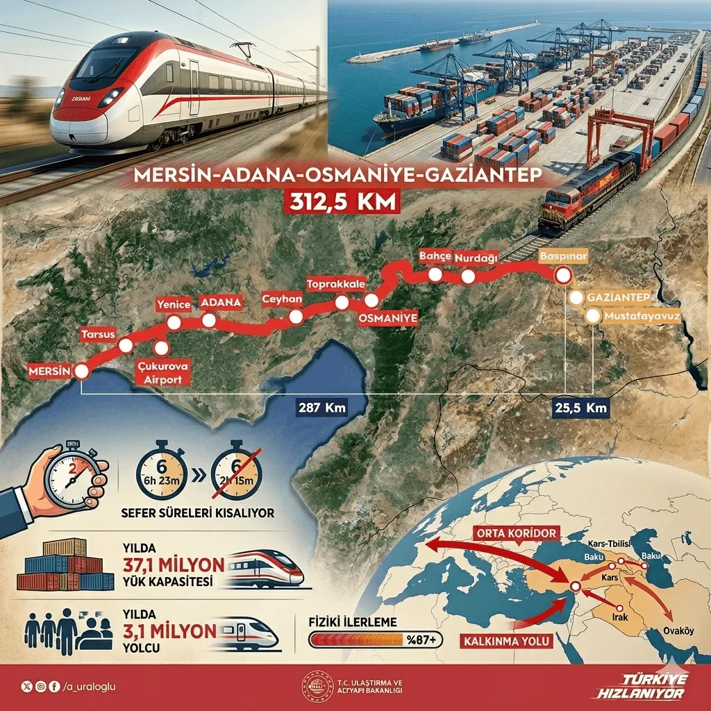 Mersin-Gaziantep Hızlı Tren Hattında Dev Adım! Seyahat Süresi 2 Saat 15 Dakikaya Düşecek, Mersin Limanları Orta Koridor’a Bağlanacak