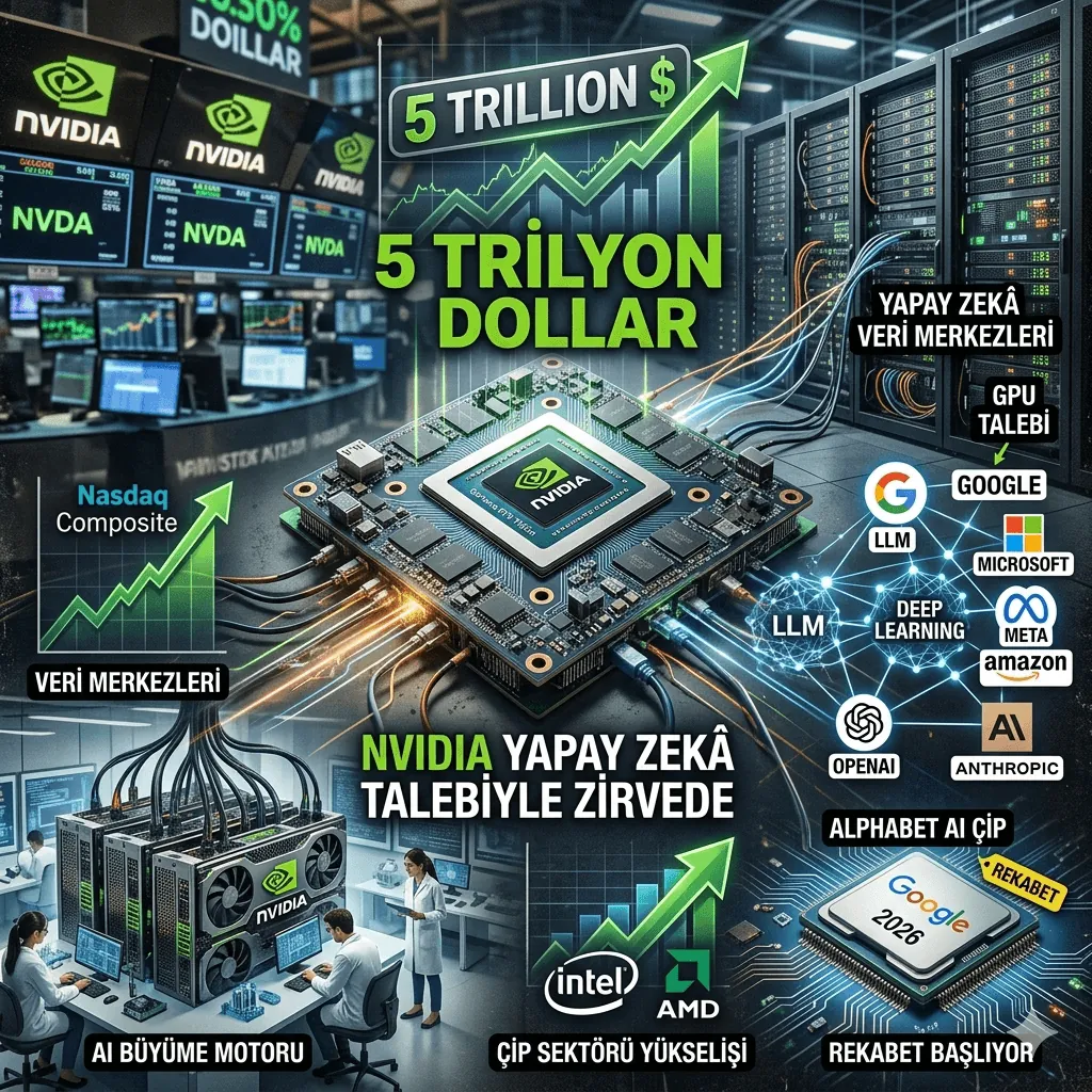 Nvidia 5 Trilyon Doları Aştı: Yapay Zekâ Talebiyle Hisseler Rekor Kırdı, Teknoloji Piyasaları Yükselişe Geçti
