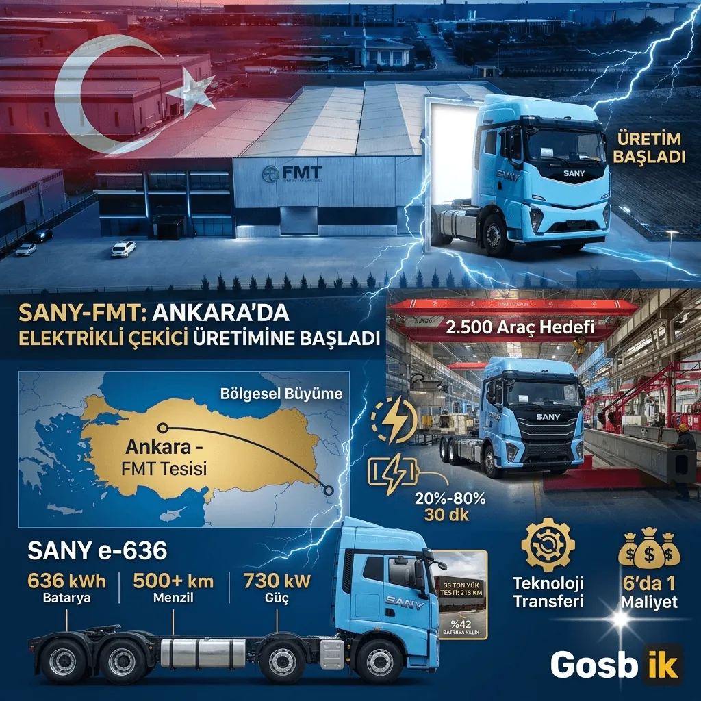 SANY-FMT Ankara’da ASO OSB’de Üretime Başladı! 636 kWh Bataryalı Elektrikli Çekici 500 Kilometreyi Aşıyor, Hedef 2.500 Araç