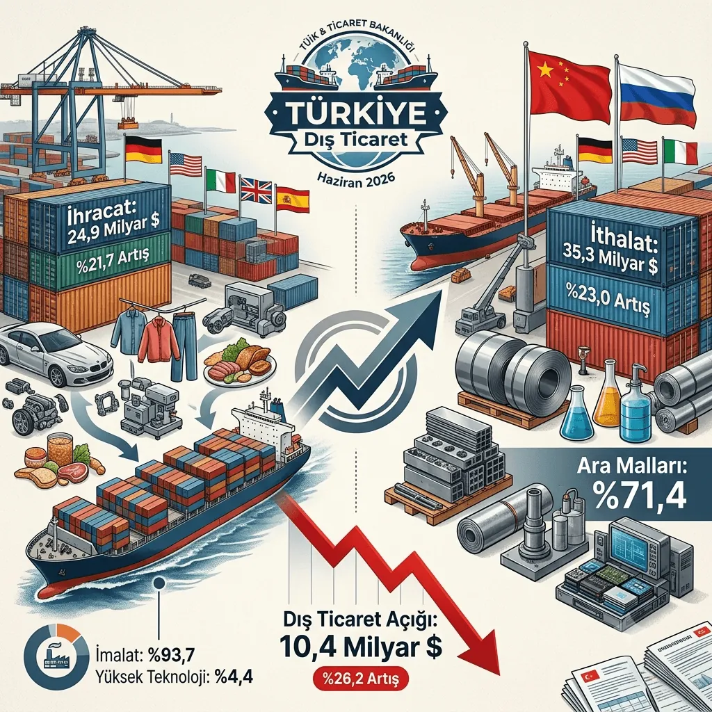 TÜİK Açıkladı: Haziran 2026'da İhracat 24,9 Milyar Dolara Yükseldi, Dış Ticaret Açığı 10,4 Milyar Dolar Oldu