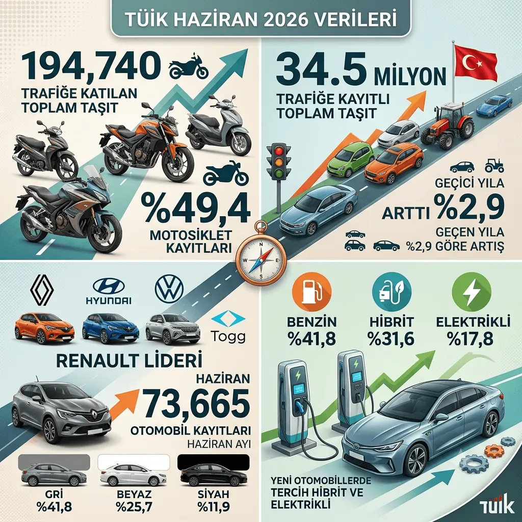 TÜİK Açıkladı: Haziran'da 194 Bin 740 Yeni Araç Trafiğe Katıldı! Motosiklet İlk Sırada, Renault Zirvede