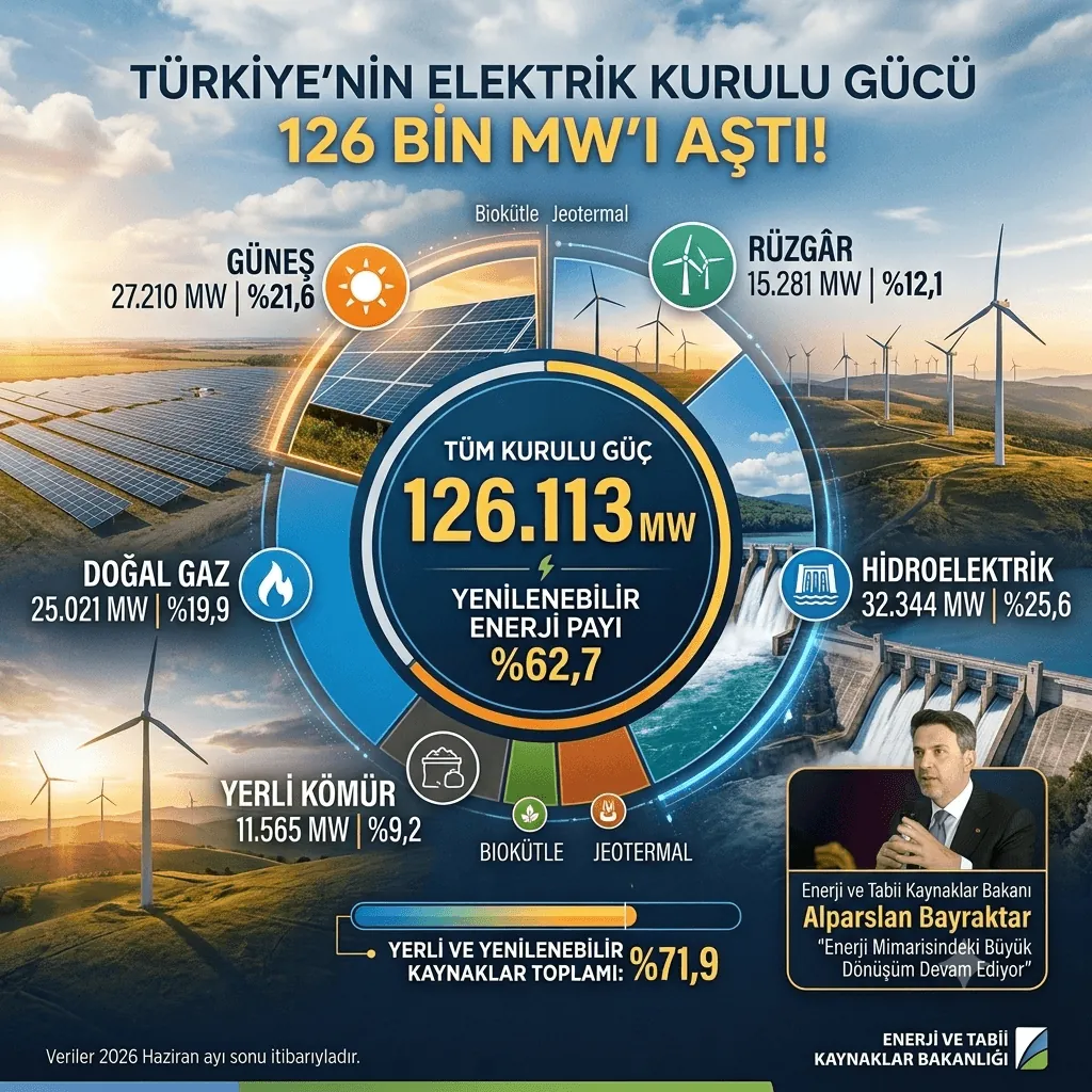 Türkiye Elektrikte Yeni Rekor Kırdı: Kurulu Güç 126 Bin MW'ı Aştı, Güneş Enerjisinin Payı Yüzde 21,6'ya Yükseldi