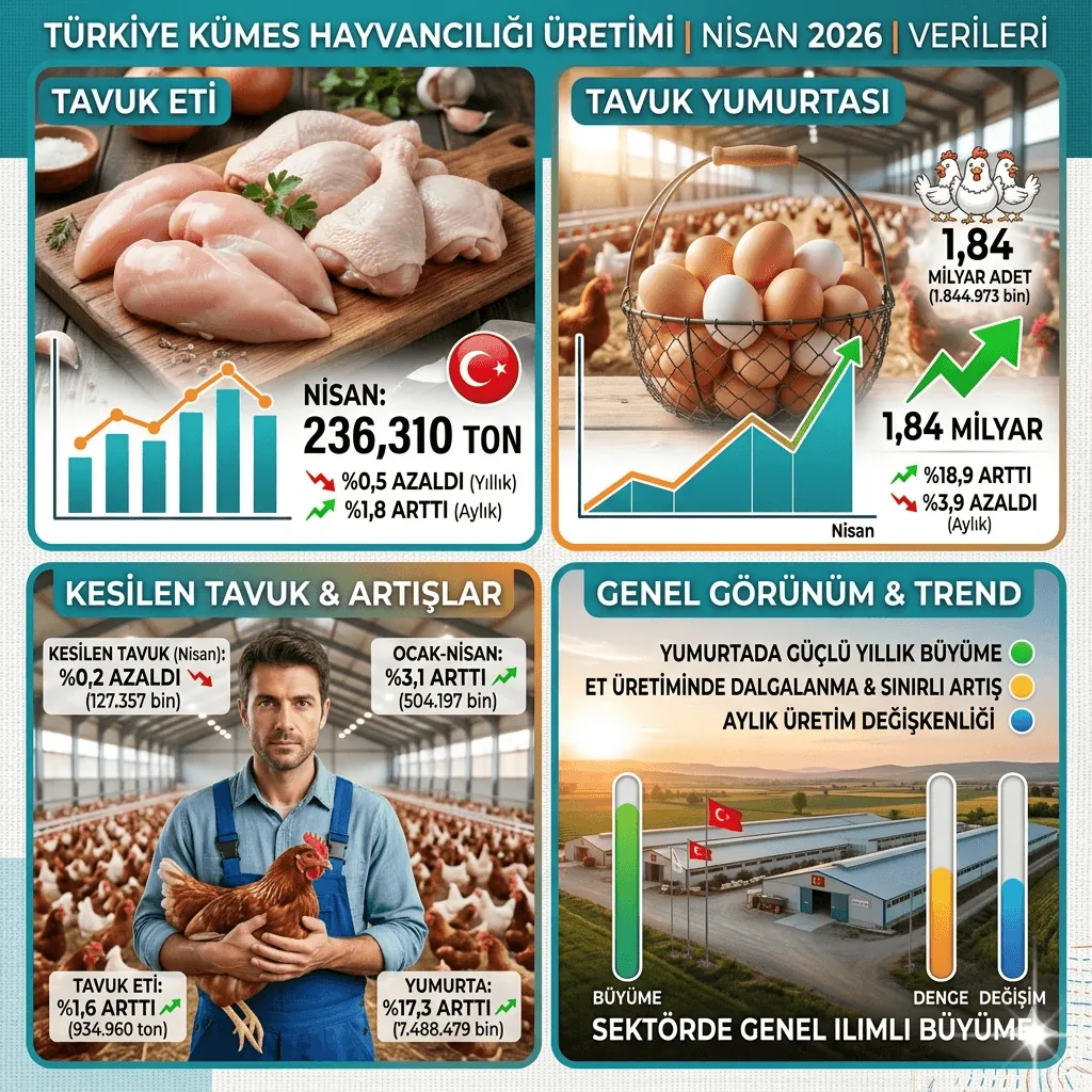 Türkiye Kümes Hayvancılığı Üretimi Nisan 2026’da Açıklandı: Tavuk Eti 236 Bin Ton, Yumurta 1,84 Milyar Adet