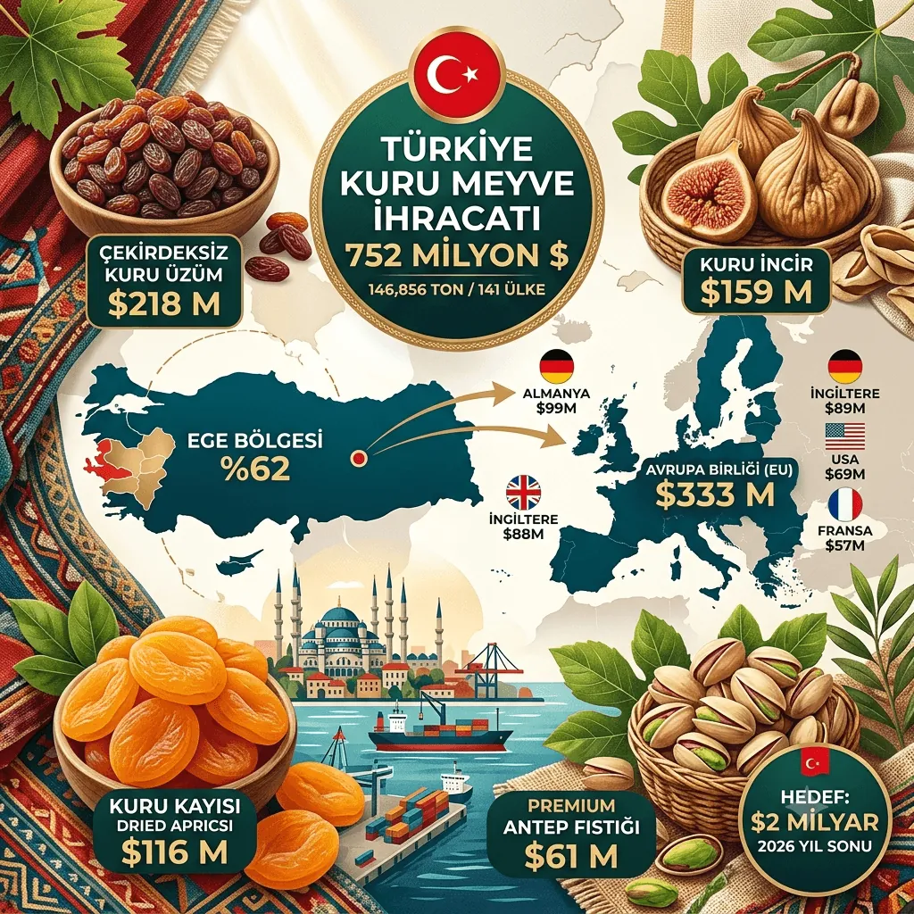 Türkiye Kuru Meyve İhracatında Güçlü Yükseliş: İlk 6 Ayda 752 Milyon Dolar Gelir, Yıl Sonu Hedefi 2 Milyar Dolar