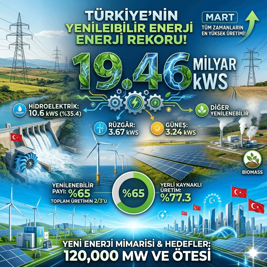 Türkiye’den Tarihi Rekor: Yenilenebilir Enerji Üretimi Zirveye Ulaştı – Mart Ayında 19,46 Milyar kWh ile Tüm Zamanların En Yüksek Seviyesi