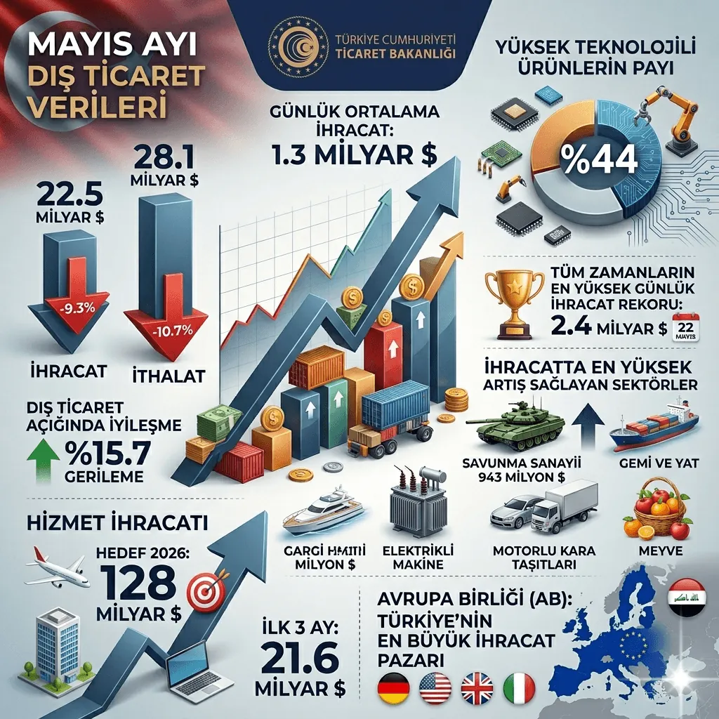 Türkiye’nin Mayıs İhracat Verileri Açıklandı: 22,5 Milyar Dolar Seviyesi ve Günlük 1,3 Milyar Dolar